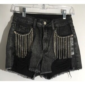 Black Denim Women's Size 6/28 High Rise Silver Fringe Embellished Shorts